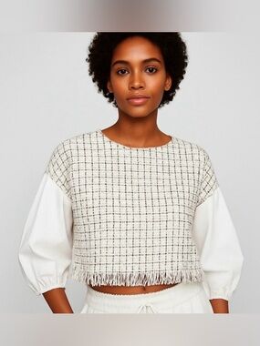 ZARA Textured Tweed Crop Top Blouse Puff Sleeve White
